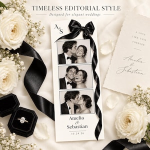 May include: A vertical wedding program card featuring three black and white photo booth strips of a couple, a black satin ribbon bow, and the text A&S, Amelia & Sebastian, and 10.24.26. Beside it, a black velvet ring box holds a diamond ring.