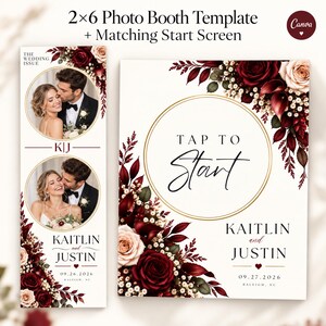 May include: A 2x6 photo booth template and matching start screen featuring deep red and cream roses, dark foliage, and gold circular frames. The text reads "The Wedding Issue," "K|J," "Kaitlin and Justin," "09.26.2026," "Tap to Start," and "09.27.2026."