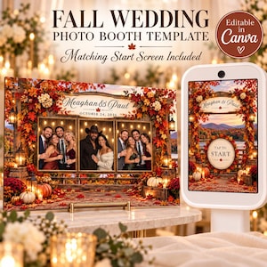 May include: A fall wedding photo booth template featuring a rustic wooden frame decorated with autumn leaves, pumpkins, and lanterns. The design includes text reading FALL WEDDING PHOTO BOOTH TEMPLATE, Matching Start Screen Included, and Editable in Canva.