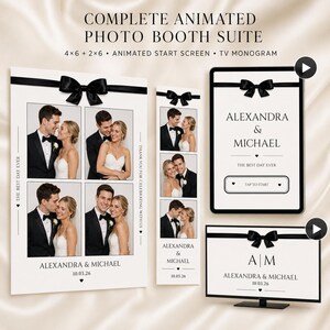 Black Bow Wedding Photo Booth Template Bundle | 4x6 & 2x6 Canva Layouts, Animated Screens, Transparent Overlays