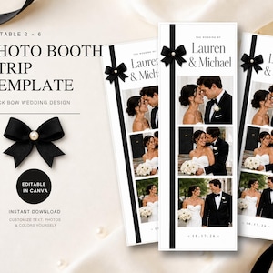 May include: A wedding photo booth strip template featuring a black ribbon graphic with a bow and pearl accent. The design includes the text "The Wedding of Lauren & Michael" and "10.17.26" with three vertical photo frames on a white background.