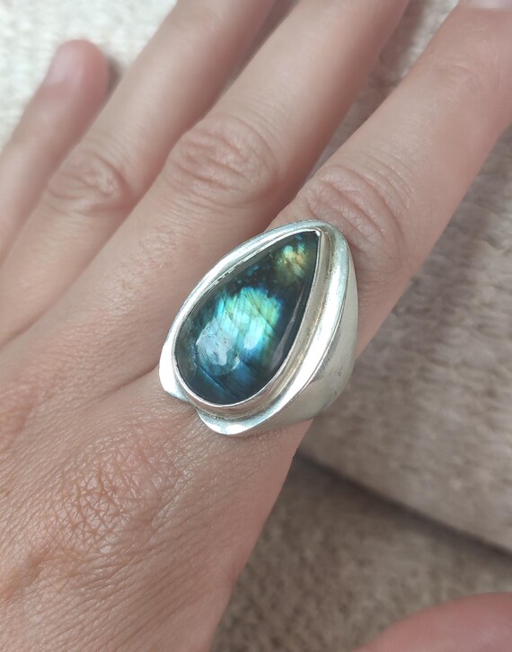 Silver large Labradorite Stone ring, drop shape L… - image 8