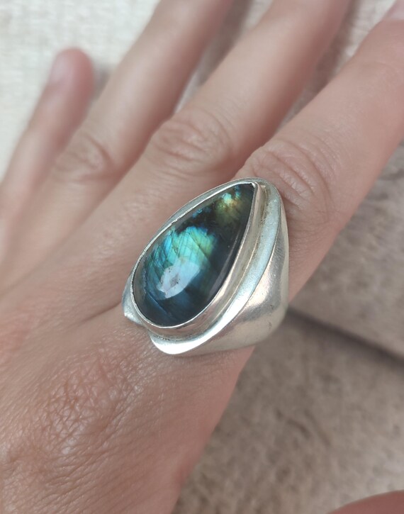 Silver large Labradorite Stone ring, drop shape L… - image 7