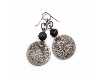Antique Moroccan coin earrings silver coin and black lava stone earrings Morocco