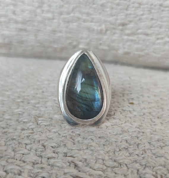 Silver large Labradorite Stone ring, drop shape L… - image 2
