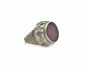 Carnelian silver seal ring Afghanistan, aqeeq ring size 8, silver, gilded silver and Carnelian ethnic ring, Central Asian jewelry