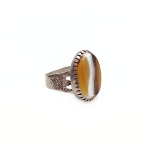 Antique silver and banded Agate ring, ethnic silver ring size 11, assymetric band ring, brown agate ring