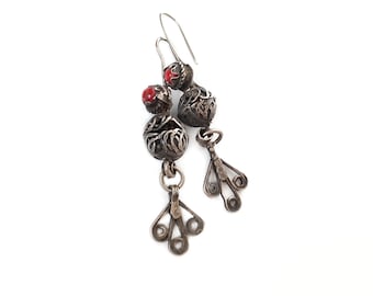 Ancient silver and coral earrings, ethnic Amazigh (Berber) earrings Tafraoute Morocco