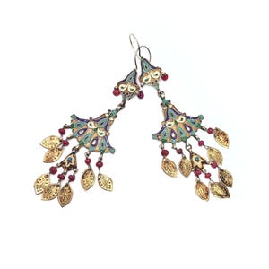 Antique, colorful enamel Bukhara earrings, gilded silver Uzbek earrings