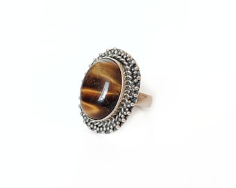 Vintage Sterling Silber Tigerauge Ring, Oval Edelstein Ring Größe 7,5 Indien Rajasthan