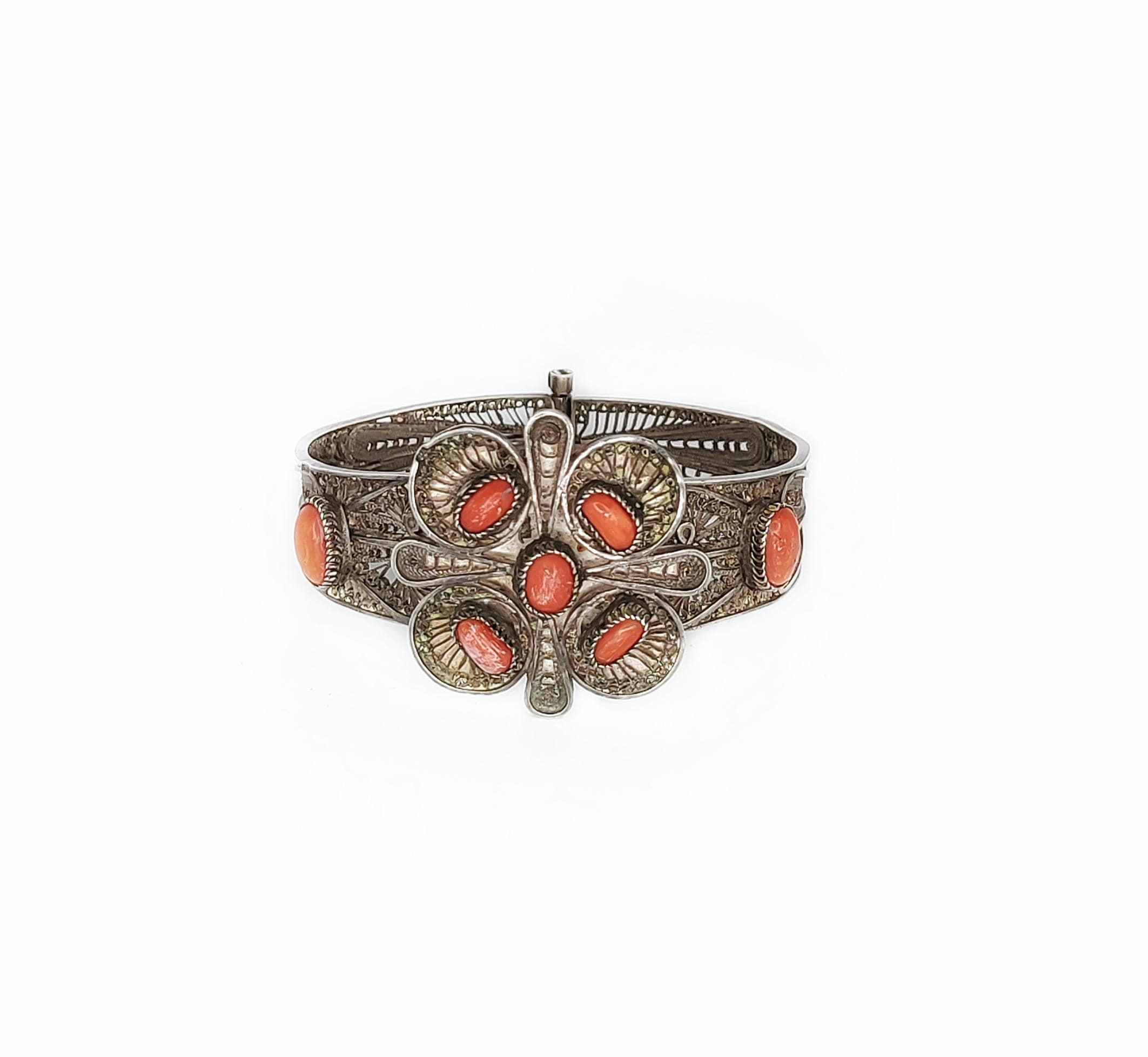 Antique Moroccan Filigree Silver and Coral Cuff Bracelet, Morocco 