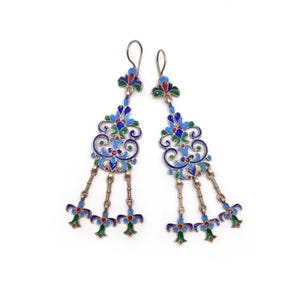 Colorful enamel and silver Uzbek style earrings, Bukhara enamel style earrings, ethnic silver earrings