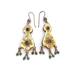 Old Silver, Gilded Silver, Lapis Lazuli and Glass Beads Kazakh Style Ethnic Eearrings Afghanistan