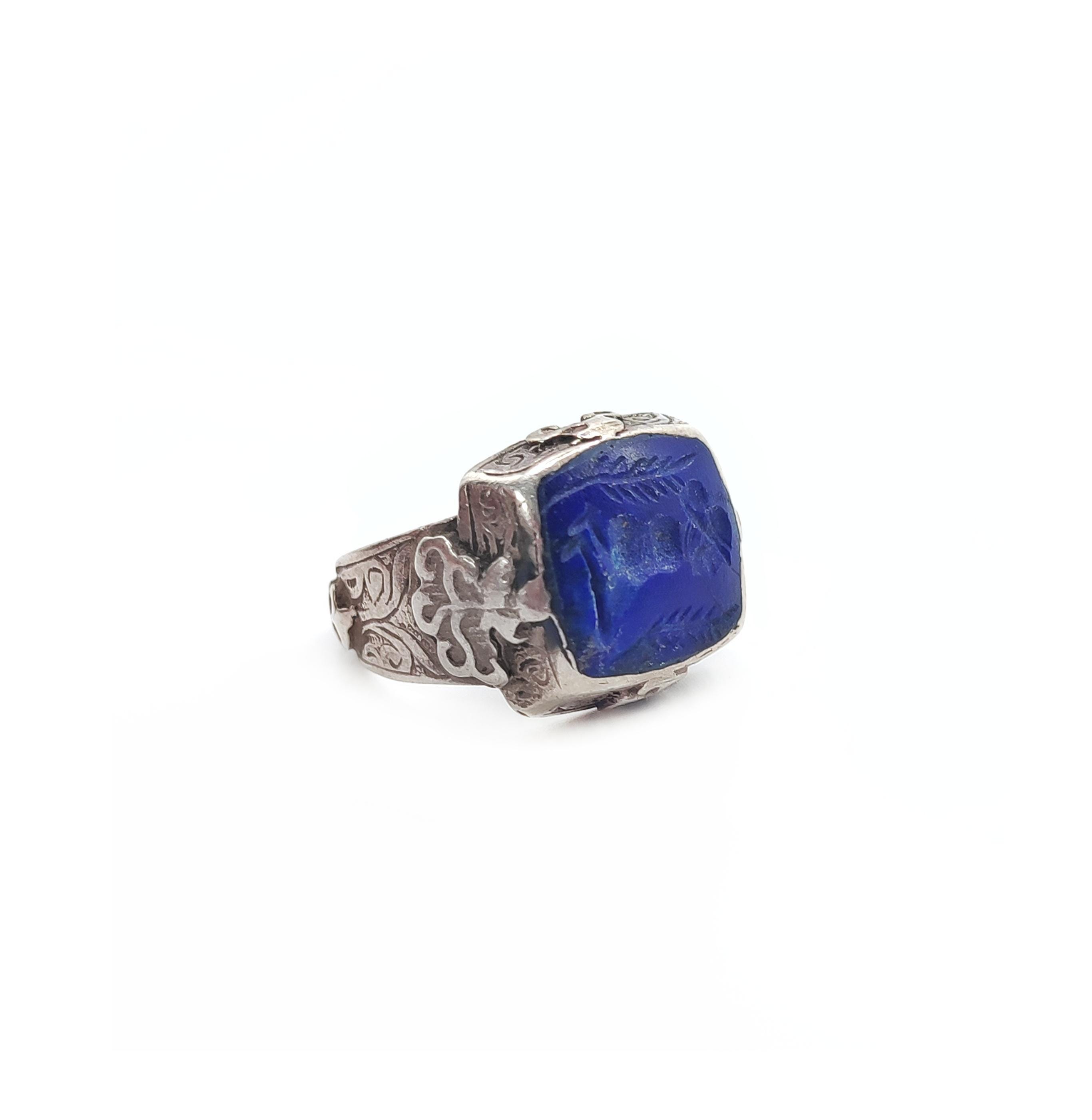 Bague Chevalière Argent Massif – Cloisonné Et Lapis-lazuli, Chine Ancienne