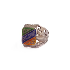 Anillo con nombre Rashid en esmalte plateado antiguo, talla 8, anillo étnico de plata de Muzzafarabad, Pakistán, Rashid