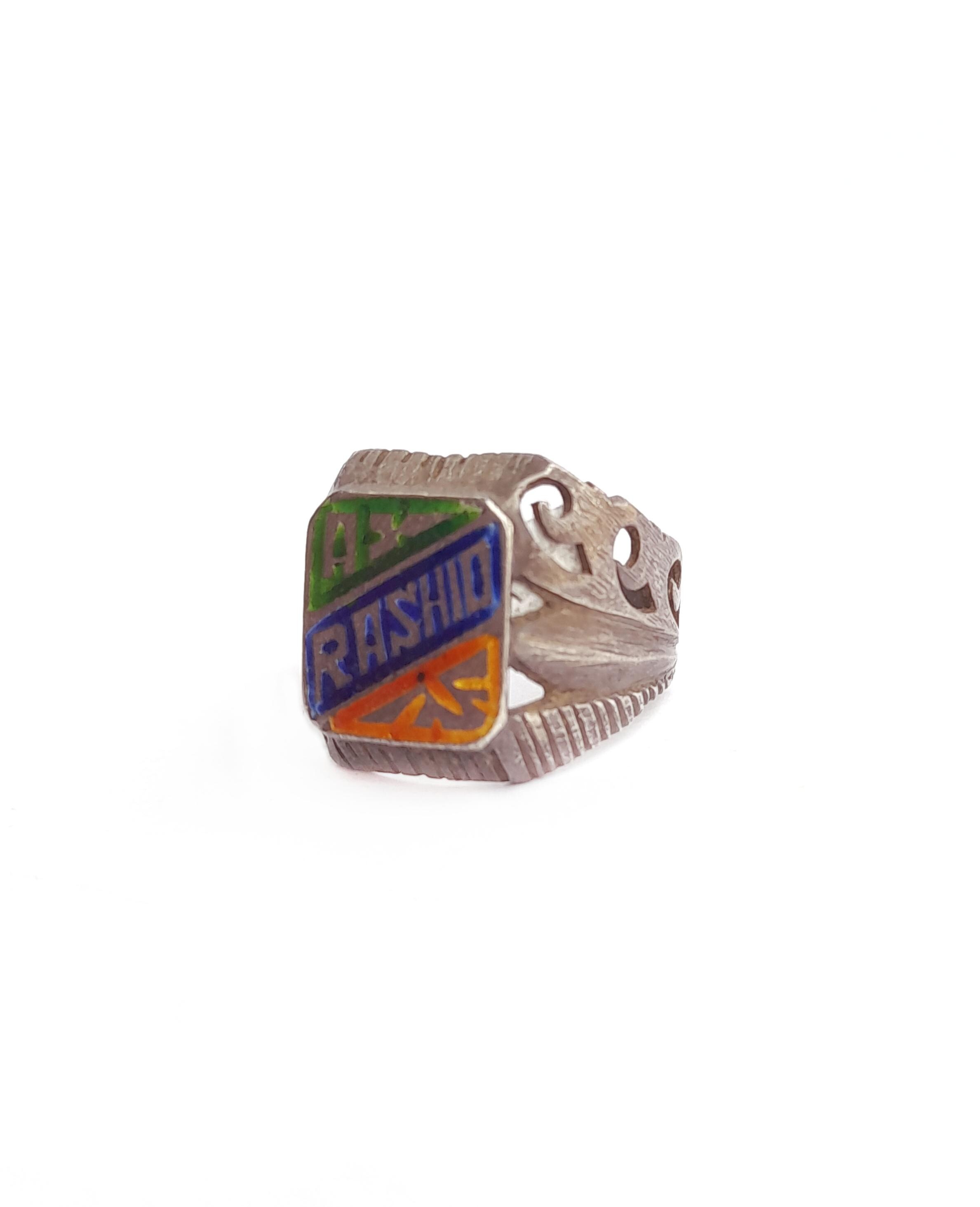 Antique silver enamel Rashid name ring size 8 Muzzafarabad Pakistan silver ethnic ring Rashid