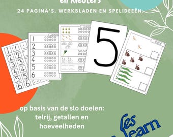 May include: A colorful worksheet for preschoolers and kindergarteners featuring the number 5. The worksheet includes counting activities with pictures of animals, vegetables, and other objects. The text on the worksheet reads "reken werk- en doeboek voor peuter en kleuters 24 PAGINA'S. WERKBLADEN EN SPELIDEEËN" and "op basis van de slo doelen: telrij, getallen en hoeveelheden". The text "& learn" is also included in blue.