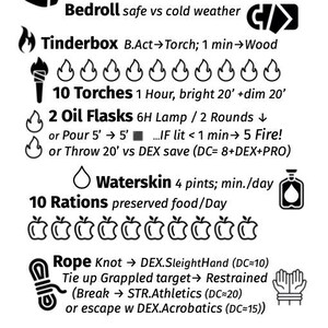 May include: A black and white informational card titled Explorer Pack listing D&D equipment including a backpack, bedroll, tinderbox, 10 torches, 2 oil flasks, waterskin, 10 rations, and rope with associated game mechanics, icons, and text details.