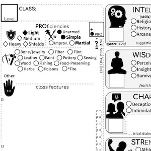 May include: A character sheet for a role-playing game, featuring sections for class, proficiencies, and skills. The sheet includes boxes for level, abilities, and other game-related information. The design is black and white.