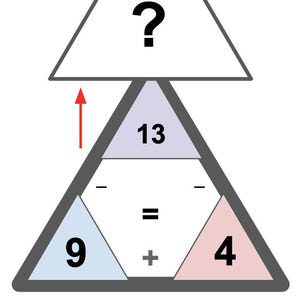 May include: An educational illustration of a math problem. The image shows a triangle with the number 13, and two triangles with the numbers 9 and 4. The question mark indicates the missing number.