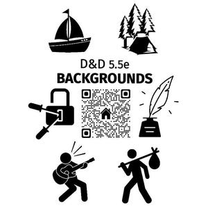 Op de afbeelding: Zwart-wit afbeelding met iconen, waaronder een zeilboot, bomen en een tent, een slot met gereedschap, een pen en inkt, een persoon die gitaar speelt en een persoon met een zak. Tekst luidt "D&D 5.5e BACKGROUNDS" met een QR-code.