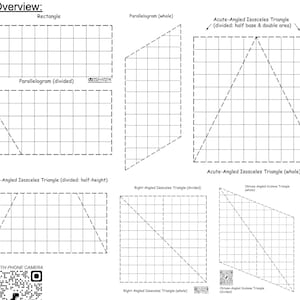 Puede incluir: Un diagrama en blanco y negro que muestra diferentes formas geométricas, incluyendo un rectángulo, un paralelogramo y triángulos isósceles. Las formas se dividen en cuadrados más pequeños y el diagrama incluye el texto "Descripción general:" en la parte superior.