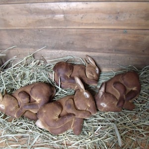 Könnte beinhalten: Vier braune Stoffhasen liegen in einem Heunest. Die Hasen sind alle in Schlafposition zusammengerollt.