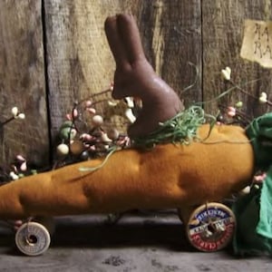 Puede incluir: Un conejo marrón se sienta en la parte superior de un coche con forma de zanahoria con tela verde drapeada sobre la parte posterior. El coche tiene dos ruedas con radios y las palabras "Rabbit Racer" están escritas en un cartel detrás del coche.