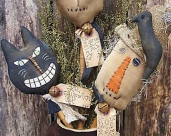 Primitive halloween Pattern/ HALLOWEEN BOBBINS Instant Download/pdf pattern/primitive witch/primitive cat/primitive scarecrow/pokes/fall