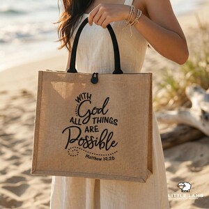 Christian Jute Tote Bag Bible Verse, Faith Inspired Beach Bag, Reusable Shopping Bag, Scripture Tote, Christian Gift, Matthew 19:26