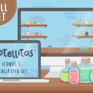 Puede incluir: Una ilustración digital de una pantalla de computadora portátil que muestra el texto "Botellitas Iconos y Wallpaper Set". La computadora portátil está sobre una mesa de madera con una variedad de botellas de vidrio de colores con diferentes líquidos en su interior. Las botellas están dispuestas en una fila sobre la mesa.