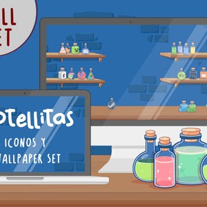 Puede incluir: Una ilustración digital de un conjunto de botellas de poción de colores con una pantalla de ordenador de sobremesa que muestra un conjunto similar de botellas en estantes. El texto "Botellitas" se muestra en la pantalla del ordenador, junto con el texto "Iconos y Wallpaper Set".
