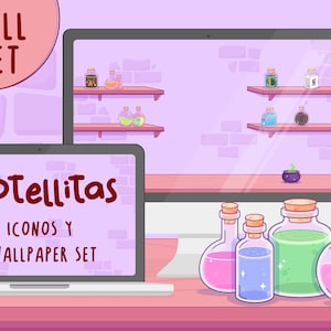 Puede incluir: Una ilustración digital de una pantalla de ordenador con fondo morado y estantes con frascos de pociones de colores. La pantalla está etiquetada como "Botellitas Iconos y Wallpaper Set". Debajo de la pantalla hay cinco frascos de poción con tapones de corcho, en rosa, azul, verde y rosa. Los frascos están sobre una superficie rosa.