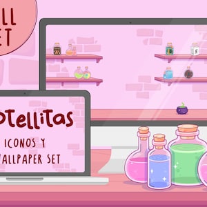 May include: A digital illustration of a laptop screen displaying a pink background with the text "Botellitas Iconos y Wallpaper Set". The laptop is on a pink table with five glass bottles filled with different colored liquids. The bottles have cork stoppers and are arranged in a row. The bottles are on a pink table with a pink background.