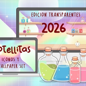 Puede incluir: Un conjunto digital con dos pantallas de ordenador que muestran el texto BOTELLITAS ICONOS Y WALLPAPER SET y EDICION TRANSPARENTES 2026. En primer plano, cuatro botellas de cristal con tapones de corcho contienen líquidos verdes, azules y rosas.