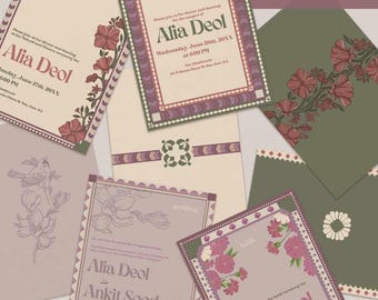 May include: A collection of rectangular wedding invitation cards measuring 12.7 cm by 17.8 cm, featuring floral illustrations, geometric borders, and text including names like Alia Deol and Ankit Sood, printed in shades of pink, green, and cream.