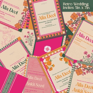 Retro bruiloft uitnodigingsset, Indiase bruiloft nodigt meerdere invoegontwerpen uit, digitale briefpapier set trouwkaart voor Mehndi Haldi Sangeet