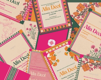May include: A collection of rectangular wedding invitation cards measuring 5 inches by 7 inches, featuring cream backgrounds with floral illustrations in orange, pink, and green. The cards display text including Alia Deol and Ankit Sood.