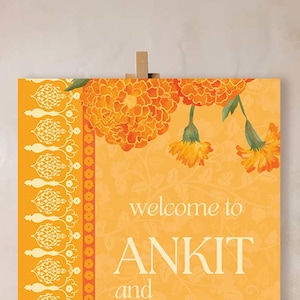 Cartello di benvenuto per matrimonio con calendula floreale, calendula, cartello di fidanzamento, cartello per matrimonio indiano, modello di cancelleria digitale per matrimonio, cerimonia Haldi
