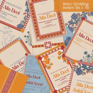Ensemble de faire-part de mariage rétro, faire-part de mariage indien avec plusieurs motifs, carte de mariage avec papeterie numérique pour Mehndi Haldi Sangeet