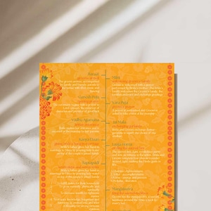 Carte programme de mariage floral souci orange, fleurs roses, carte programme hindou indien, étapes de la cérémonie de mariage, papeterie numérique de mariage