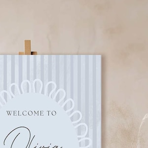 Modern Pin Stripe Welcome Sign, Soft Blue Stripe Wedding Engagement Sign, Digital Wedding Stationery Template for Bridal Shower, Baby Shower