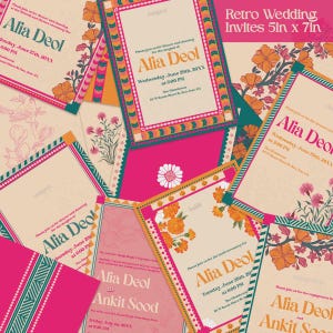 Conjunto de convites de casamento retrô, convites de casamento indianos com vários designs de inserção, conjunto de papelaria digital para cartão de casamento para Mehndi Haldi Sangeet