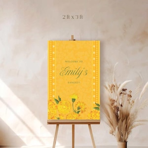 Letrero de bienvenida con flores de caléndula amarilla, letrero de despedida de soltera, letrero de compromiso, letrero de boda, letrero de cumpleaños, plantilla de papelería digital para bodas