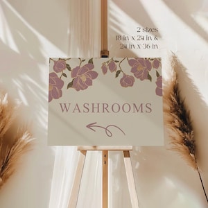 Placa com detalhes florais lilás, flores rosas, placa para cerimônia de casamento indiana, placa direcional para banheiro, remover sapatos, papelaria digital para casamento