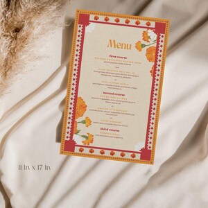Peut inclure: Un menu avec un motif floral composé de fleurs orange et rouges. Le menu est intitulé "Menu" et liste les premier, deuxième et troisième plats.