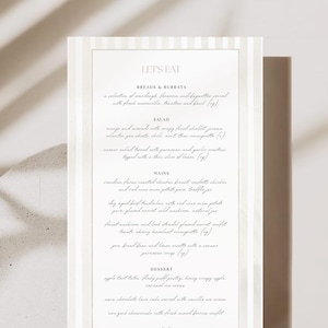 Carte de menu moderne à rayures, Shower nuptiale, Menu de fiançailles, Menu de mariage, Modèle numérique de papeterie de mariage, Menu d'anniversaire, Rayures douces