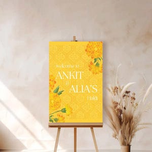 Letrero de bienvenida para boda con flores de caléndula amarillas, letrero de compromiso, letrero de boda india, plantilla de papelería digital para boda, ceremonia Haldi