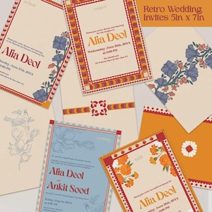 Retro bruiloft uitnodigingsset, Indiase bruiloft nodigt meerdere invoegontwerpen uit, digitale briefpapier set trouwkaart voor Mehndi Haldi Sangeet