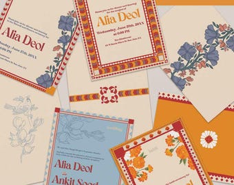May include: A collection of rectangular wedding invitation cards measuring 12.7 cm by 17.8 cm, featuring cream, orange, and blue backgrounds with floral illustrations, geometric borders, and printed text including names like Alia Deol and Ankit Sood.